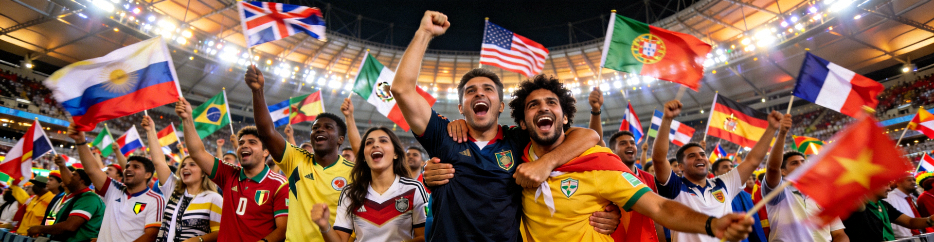 球迷欢呼画面 - 看台上身穿各国球衣的球迷挥舞旗帜热烈庆祝